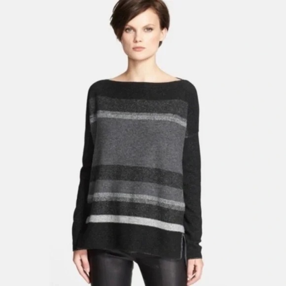Vince Knit sweater Cashmere Wool Striped Boatneck Pullover Gray M Oversized - Picture 1 of 9
